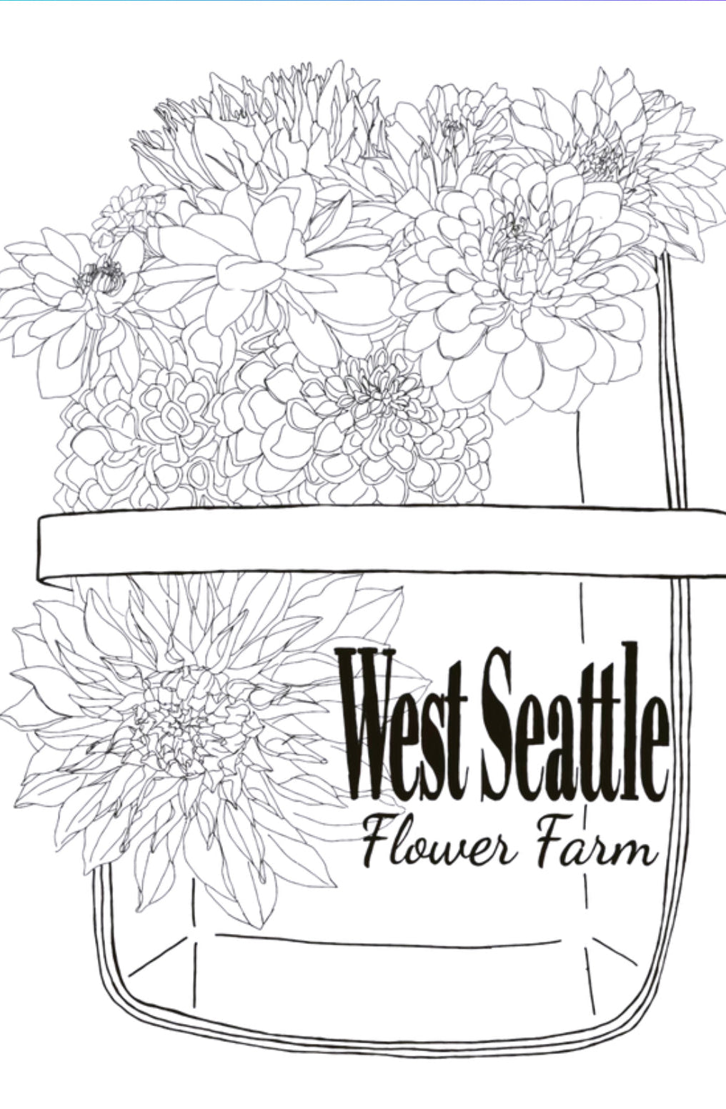A digital gift card featuring a black and white illustration of a vase with flowers and the text 'West Seattle Flower Farm Gift Card'.