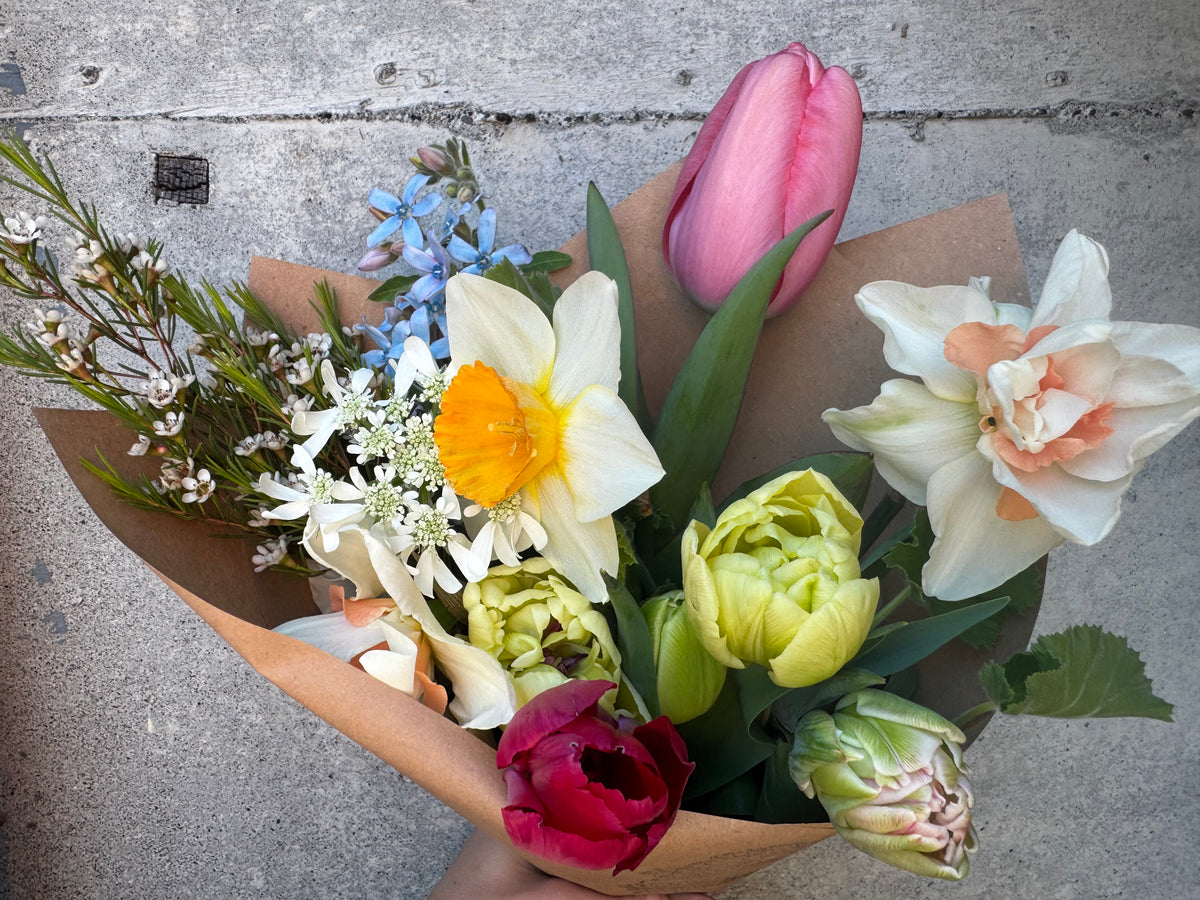 A hand holding a bouquet of mixed spring flowers wrapped in brown paper, featuring a pink tulip, white daffodil with a yellow center, white and peach ranunculus, pale green tulips, a dark pink rose, and small blue flowers, set against a gray concrete background.